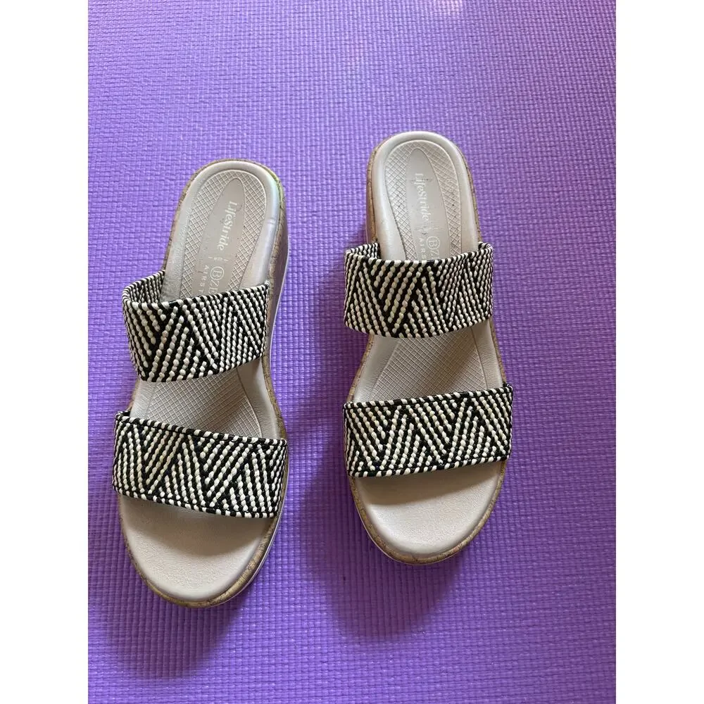 New Bzees For Lifestride Resort Raffia Wedge Sandals Womens Size 9 W Black Multi